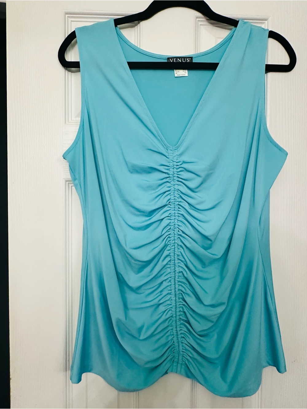 VENUS Turquoise Blue Ruched V-Neck Sleeveless Top